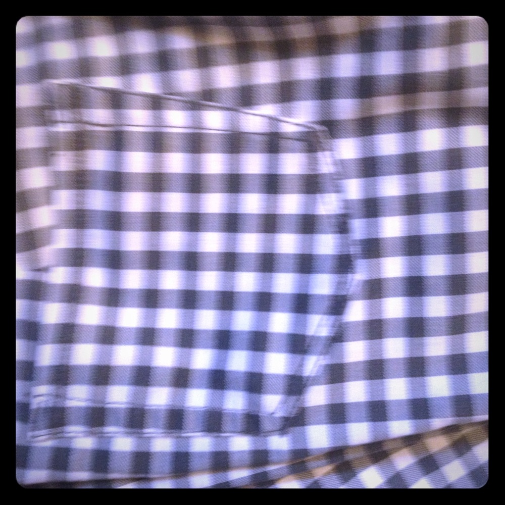 Gray and white plaid pants.