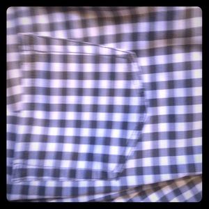 Gray and white plaid pants.