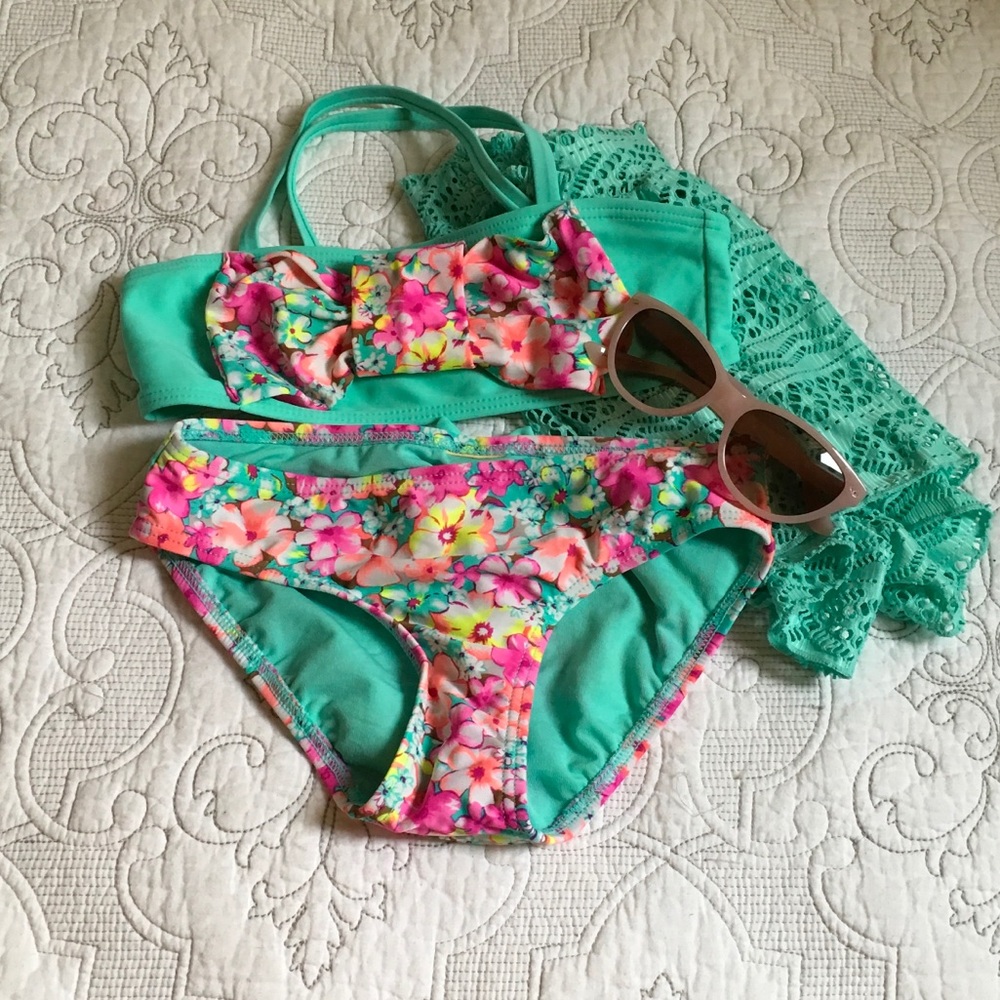 Mint green and floral girls bikini