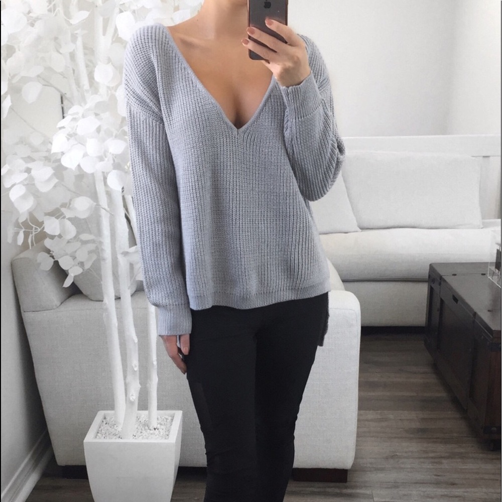 ROXER Grey Knit V Sweater from ekAttire