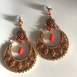 Gold and coral dangle bohemian earrings
