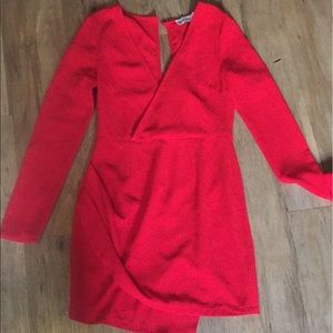 Plunge neck side slit red dress