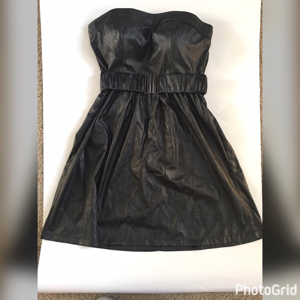 Black pleather strapless flared dress w/ belt