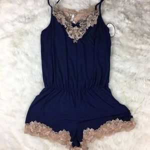Soma Navy Romper Teddy with Tan Lace Trim Detail