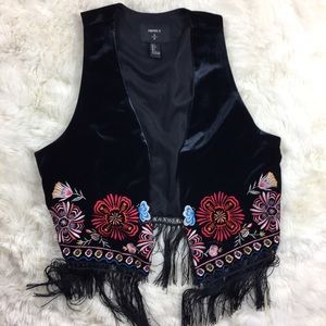 Forever 21 Velvet Floral Embroidered Fringed Vest