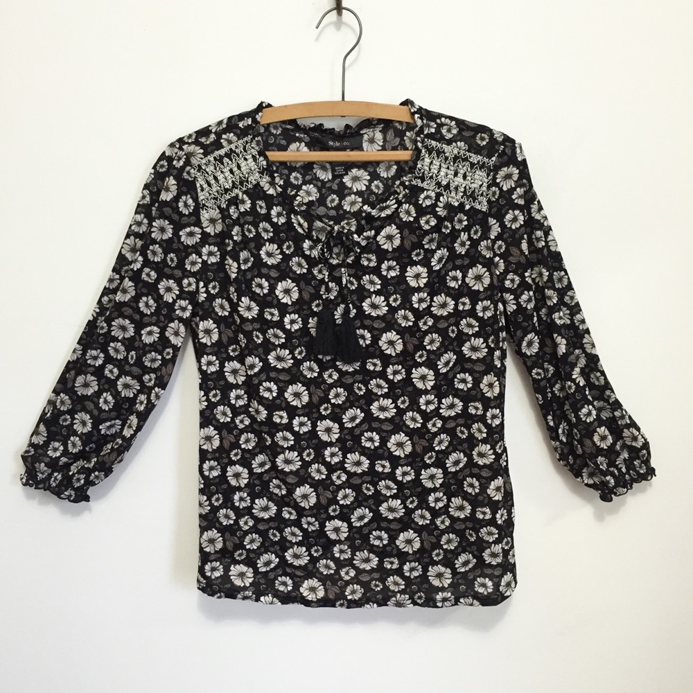Style & Co Black Floral Tie Front Blouse