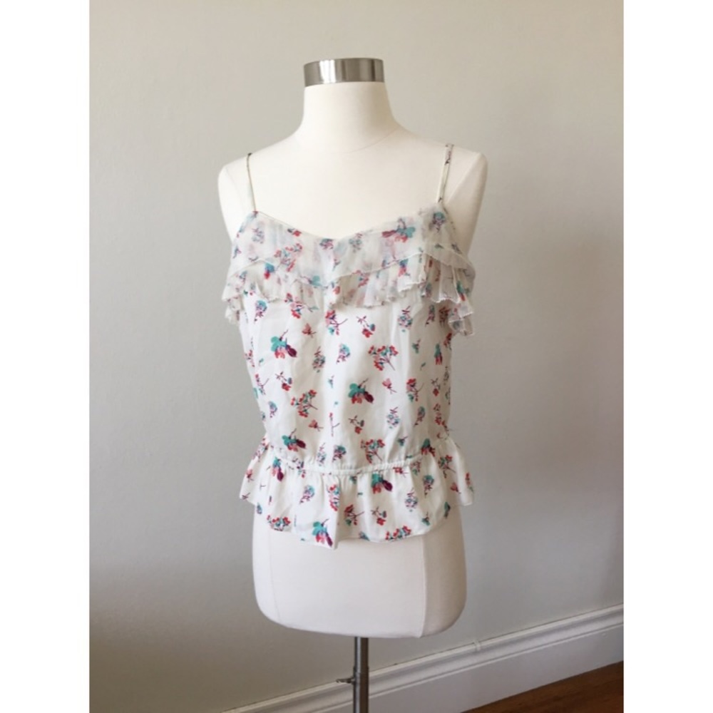 White Floral Print Lace Ruffle Satin Top