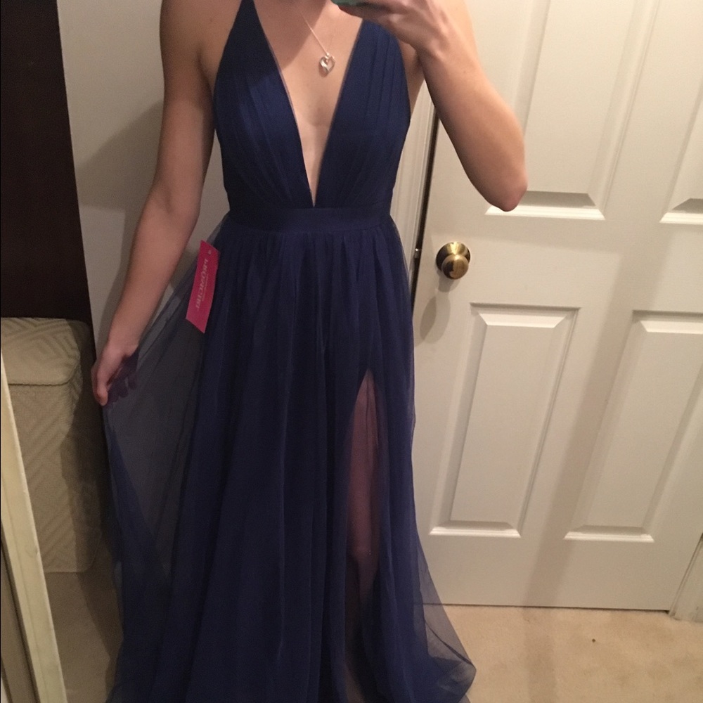 Prom dress blue with open back and slits