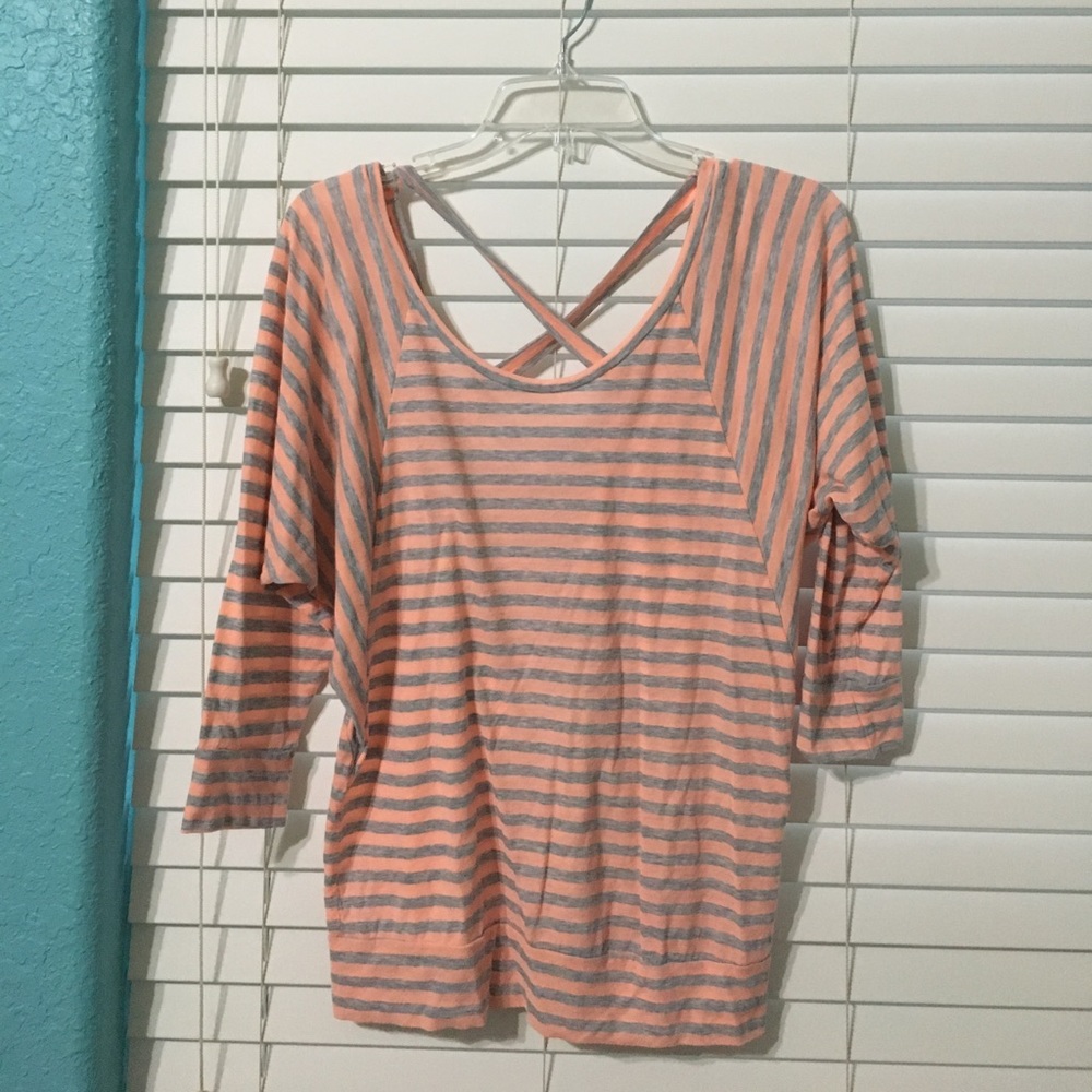 Peach and Grey striped 3/4 sleeve top