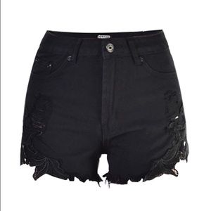 Black denim cotton blend high waist cutoff shorts