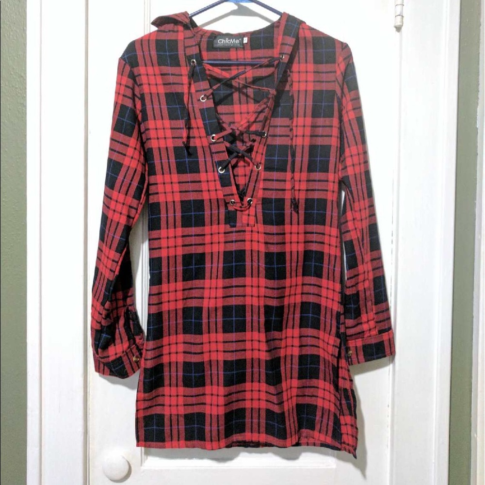 Low Cut Red Plaid Dress