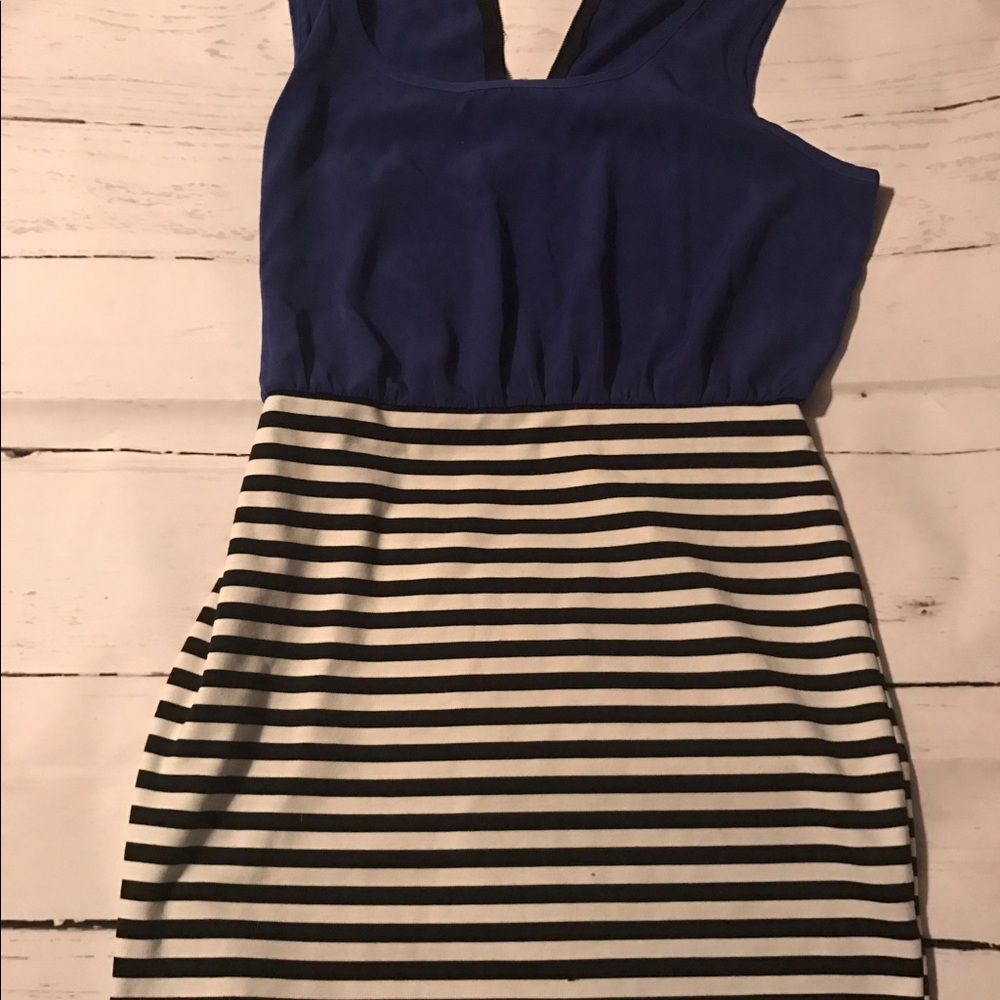 Royal blue top and black and white dress