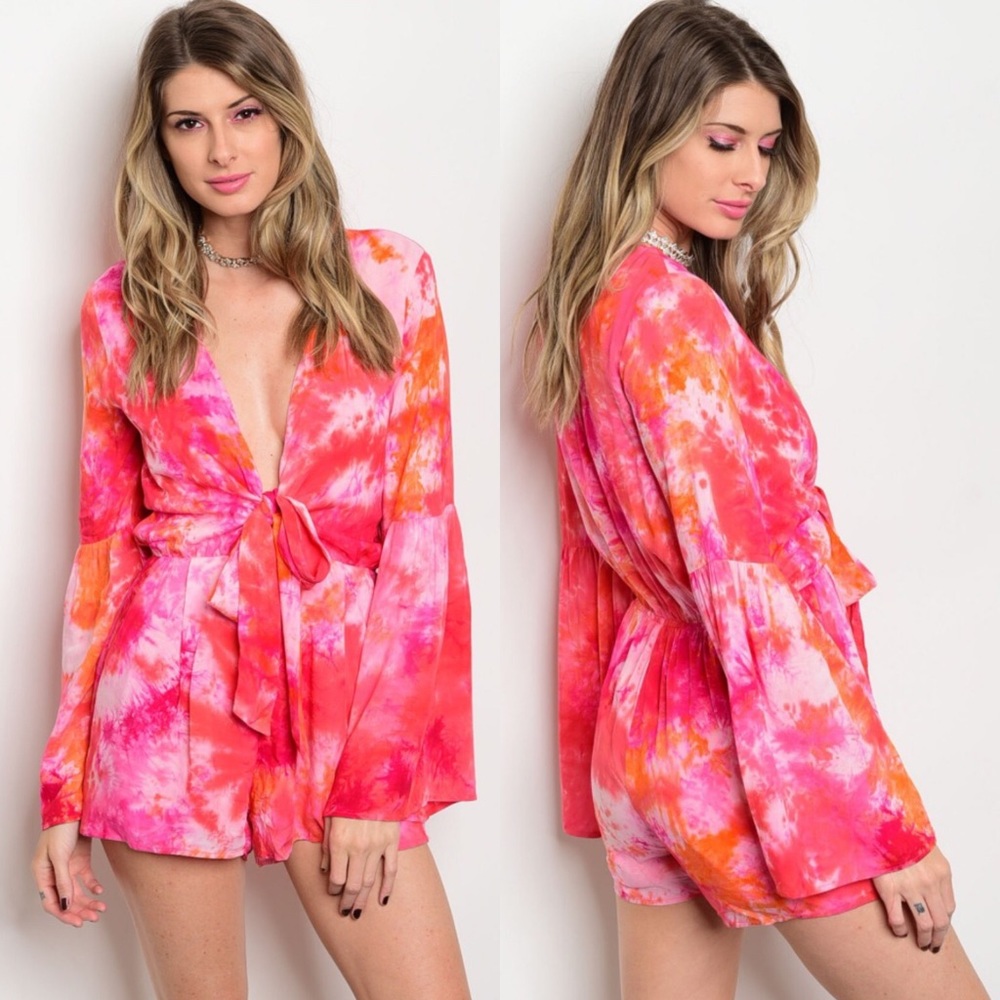 🎉CLEARANCE🎉 Pink Tie-Dye Bell Sleeves Romper - Picture 3 of 6