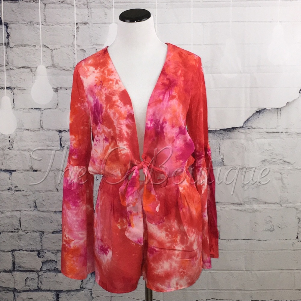 🎉CLEARANCE🎉 Pink Tie-Dye Bell Sleeves Romper - Picture 4 of 6