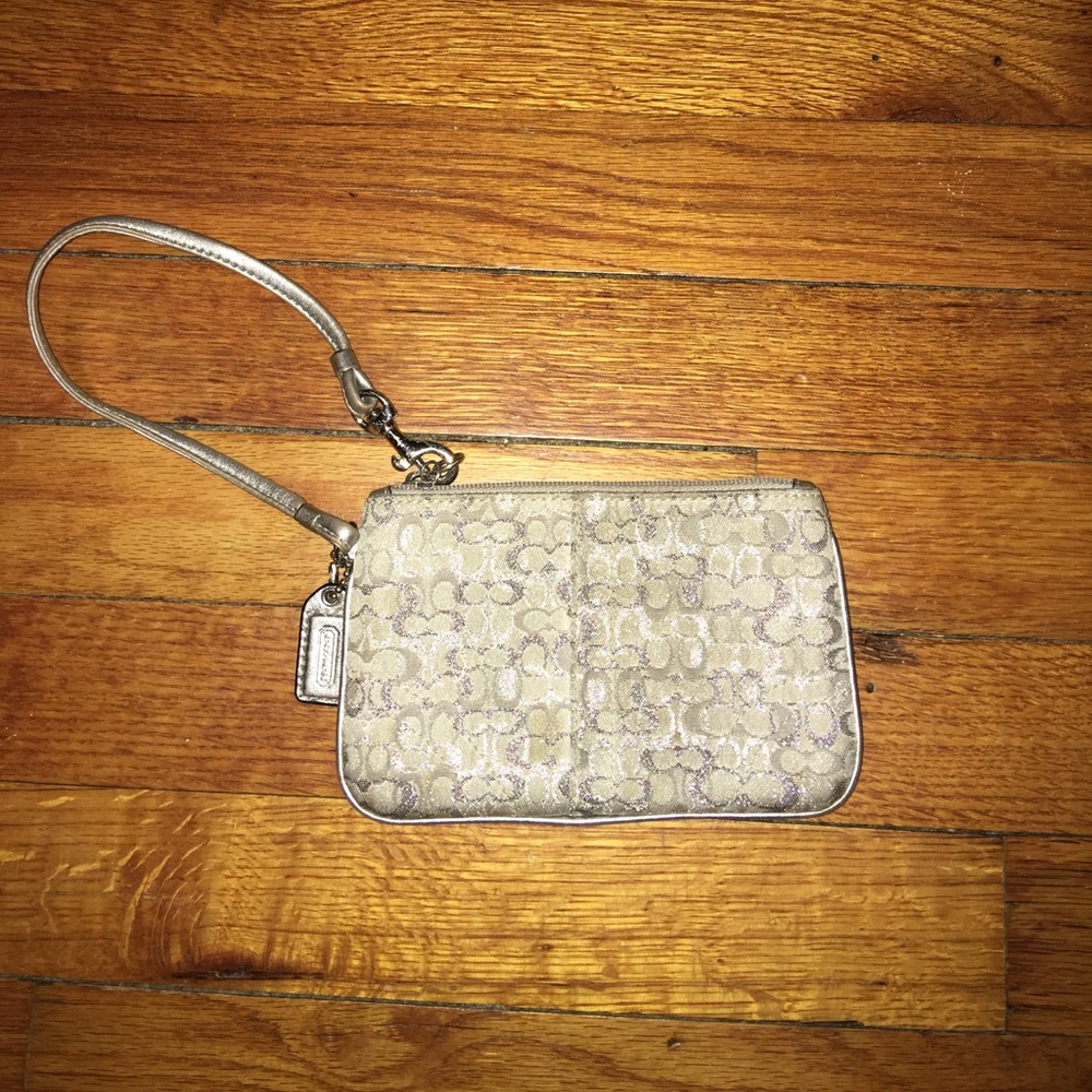 COACH wristlet, silver with silver and grey Cs