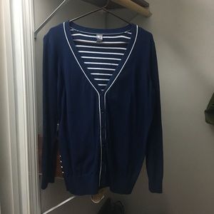 JCP Navy Blue w/ White Stripes Button Up Cardigan