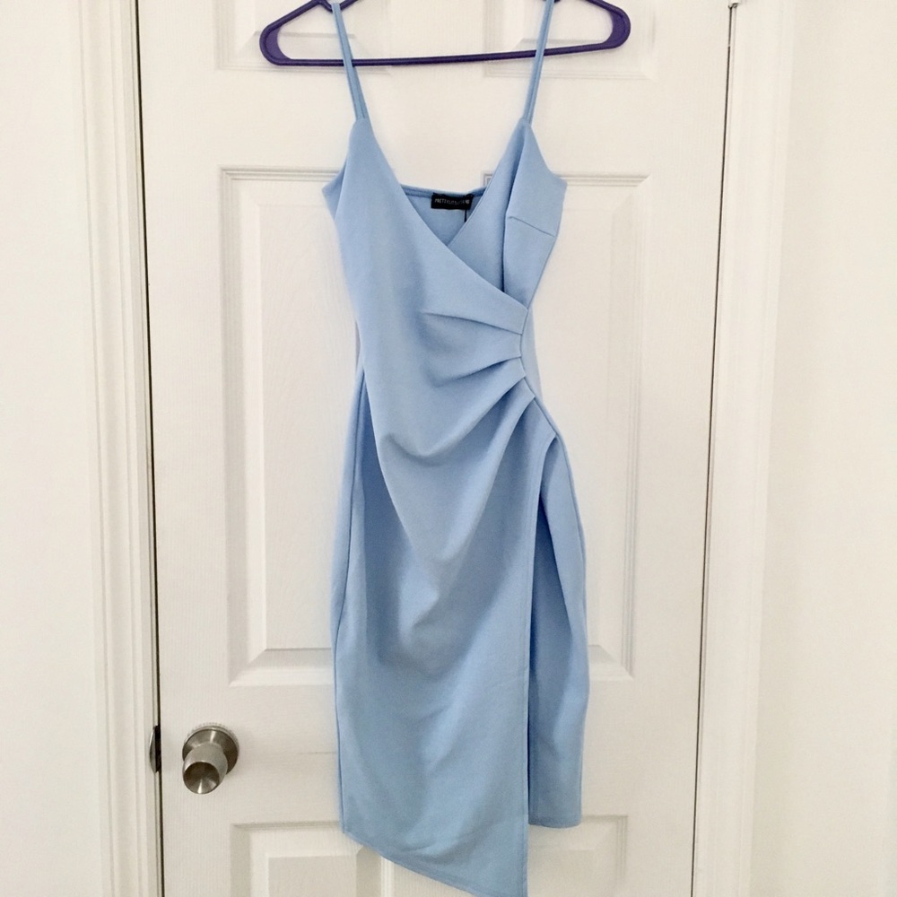 OH HOLD • Dusty blue wrap midi dress