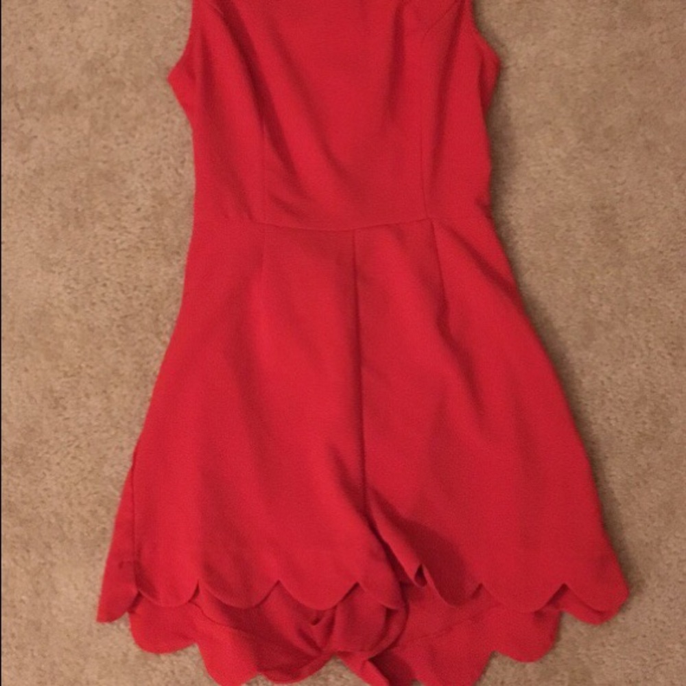 Red Scalloped Hem Romper with back cutout