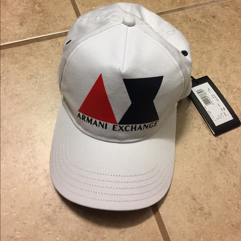 White Armani Exchange SnapBack hat.
