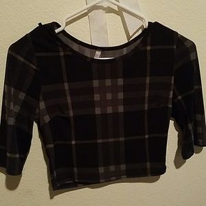 3/4 th Black Gray  plaid crop top