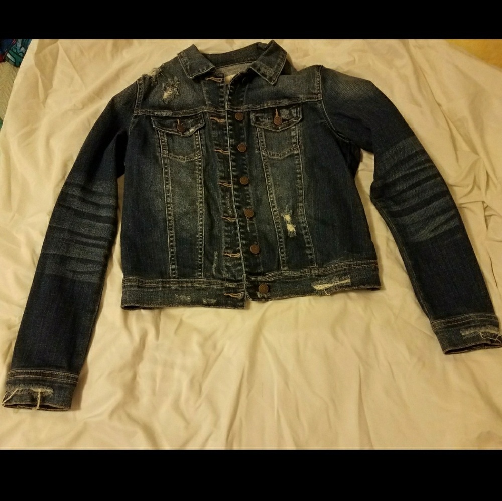 Denim Jacket Distressed  Medium to Dark Wash