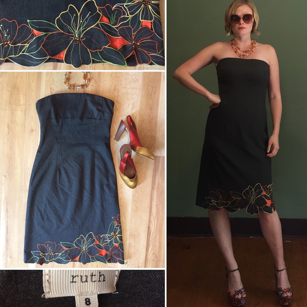 Grey strapless floral dress. Size 8.