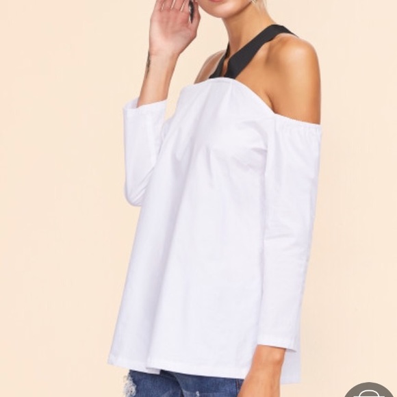 White Contrast Strap Cold Shoulder Top - Picture 3 of 4