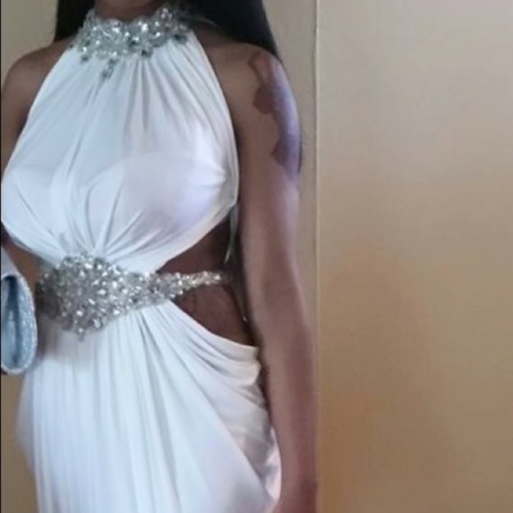 White silver cut out bezalled formal or prom dress