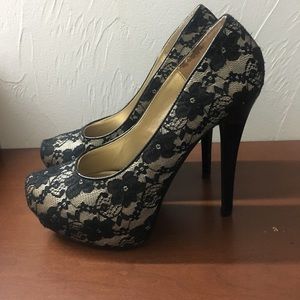 Beige with Black Flower Mesh Heels