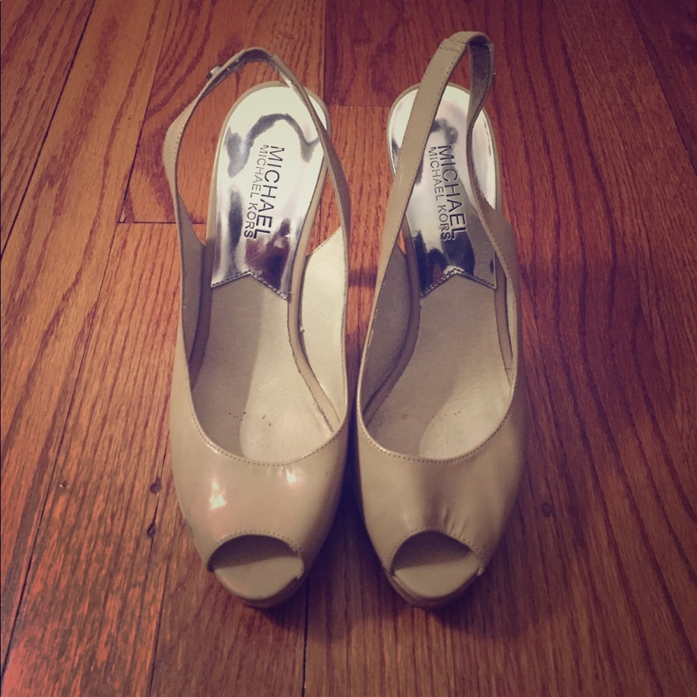 Michael Kors Nude Patent Platform Peep Toe Heels