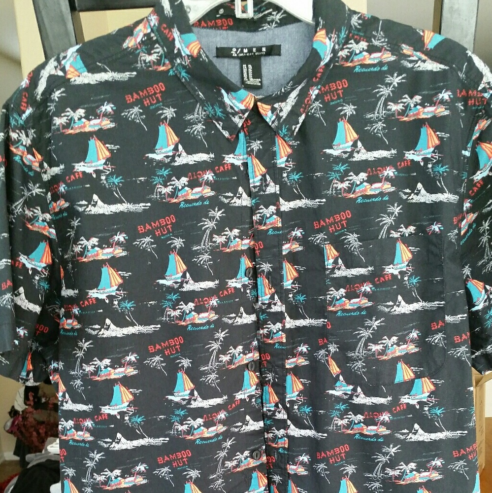 21 Men~Dress shirt, boats on a black background