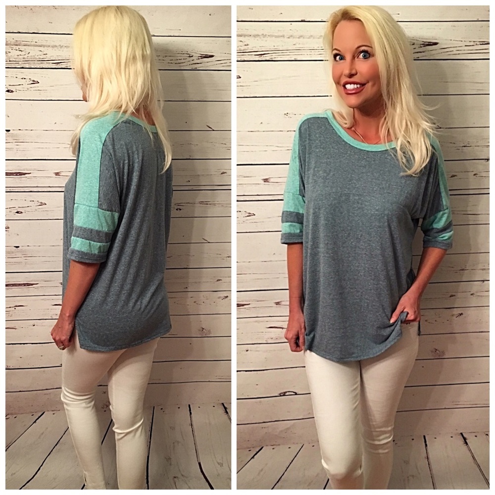 Denim and aqua baseball tee! - Picture 2 of 2