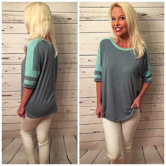 Denim and aqua baseball tee! - Picture 2 of 2