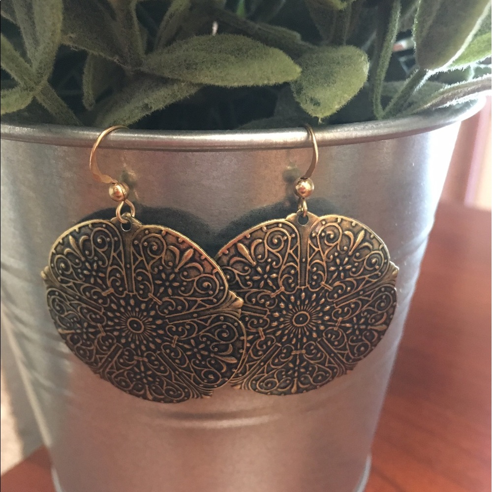 Antiqued bronze disc drop earrings