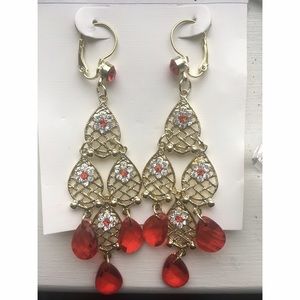 Red and Gold Flower Dangle Earrings