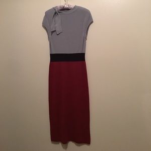 Light blue, navy middle, red skirt sweater dress