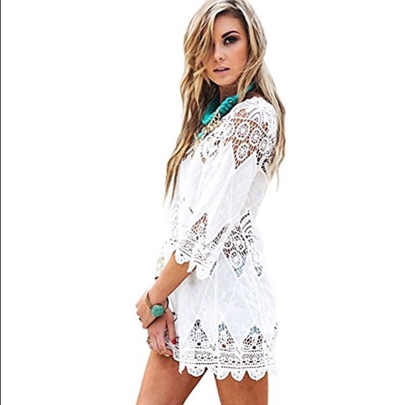 HP! 1LEFT! Crochet Lace Cotton Cover Up Mini Dress - Picture 2 of 5