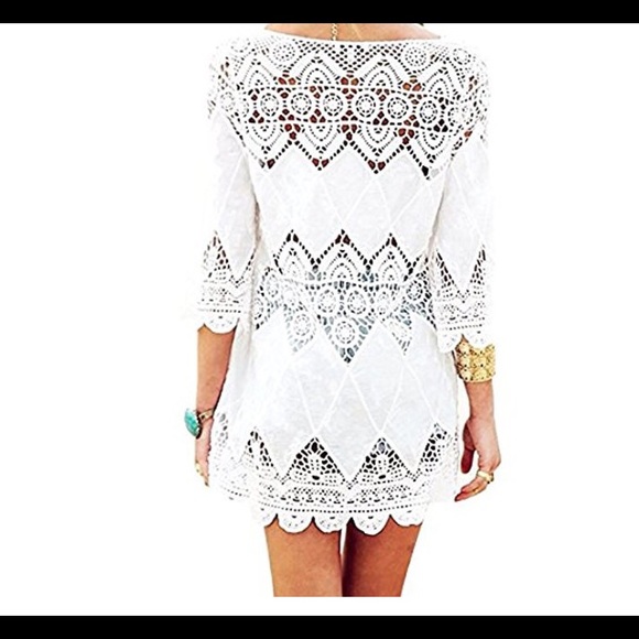 HP! 1LEFT! Crochet Lace Cotton Cover Up Mini Dress - Picture 3 of 5