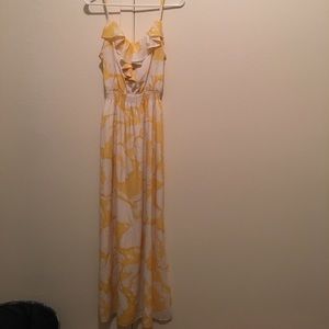 Yellow and white floral ruffle front maxi