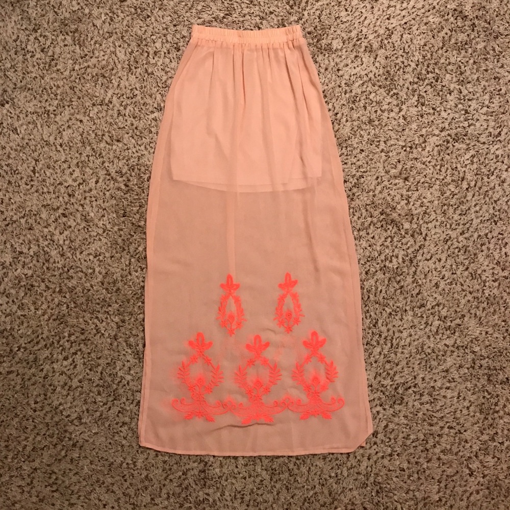 Francesca's Pink Floral Max Sheer Skirt