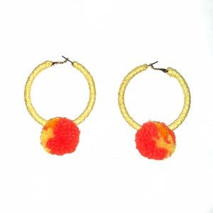 Yellow Orange Pom Pom Ball Hoop Earrings