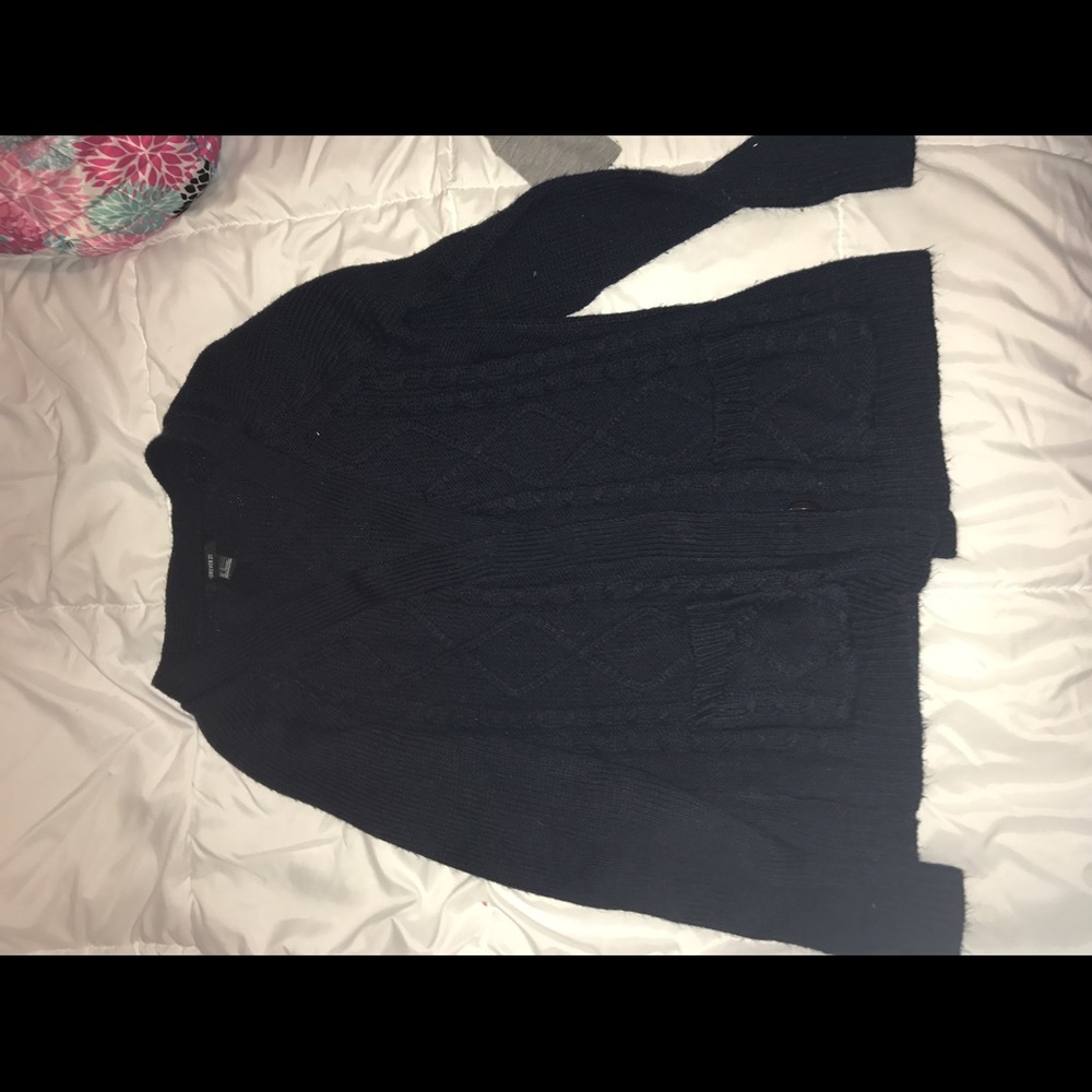 Navy blue button up sweater crocheted