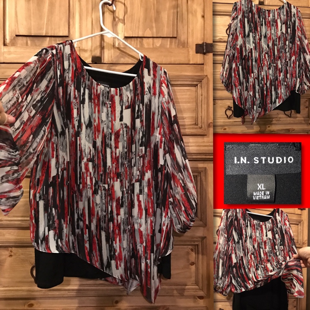 I.N. STUDIO SheerSleeve Red Black & Grey Blouse XL