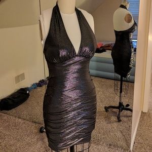 Bebe dark grey metallic halter dress