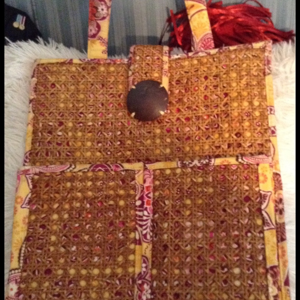 VERA BRADLEY PAISLEY PRINT AND RATTAN TOTE