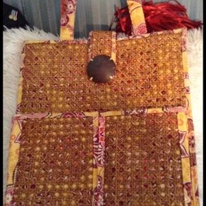 VERA BRADLEY PAISLEY PRINT AND RATTAN TOTE