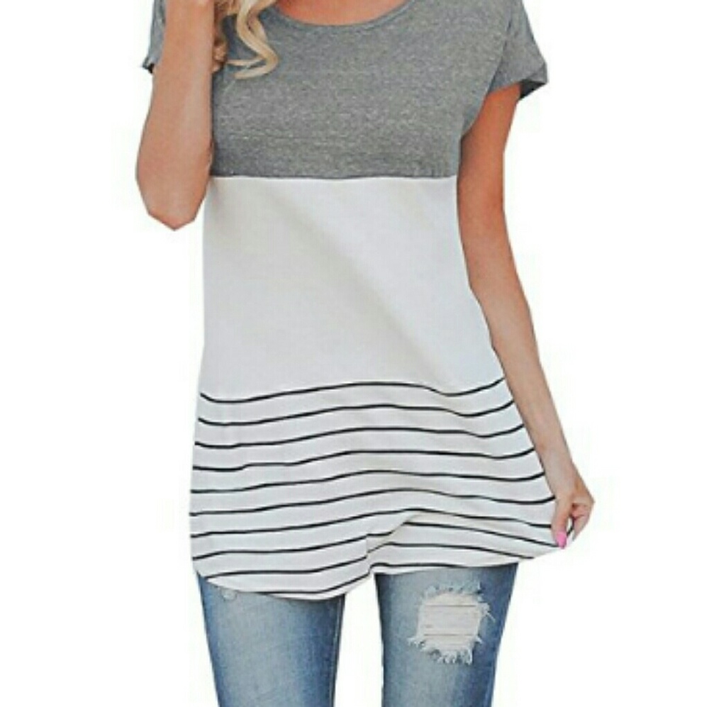 Chvity Back Lace Tops Color Block Short Sleeve Top