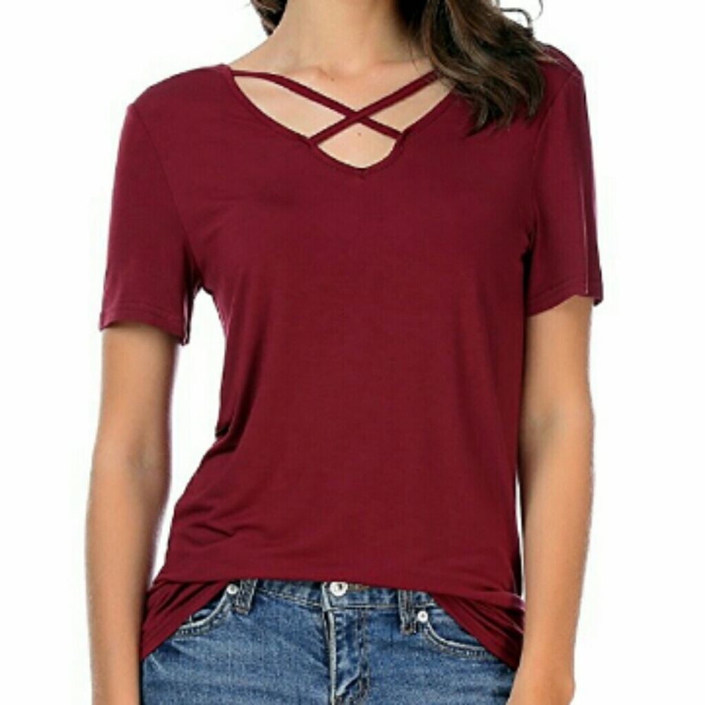 Summer Tops Cross Front Deep V-Neck Short Sleeve T