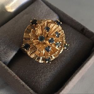 SALE: 14k gold cocktail ring with blue saphires