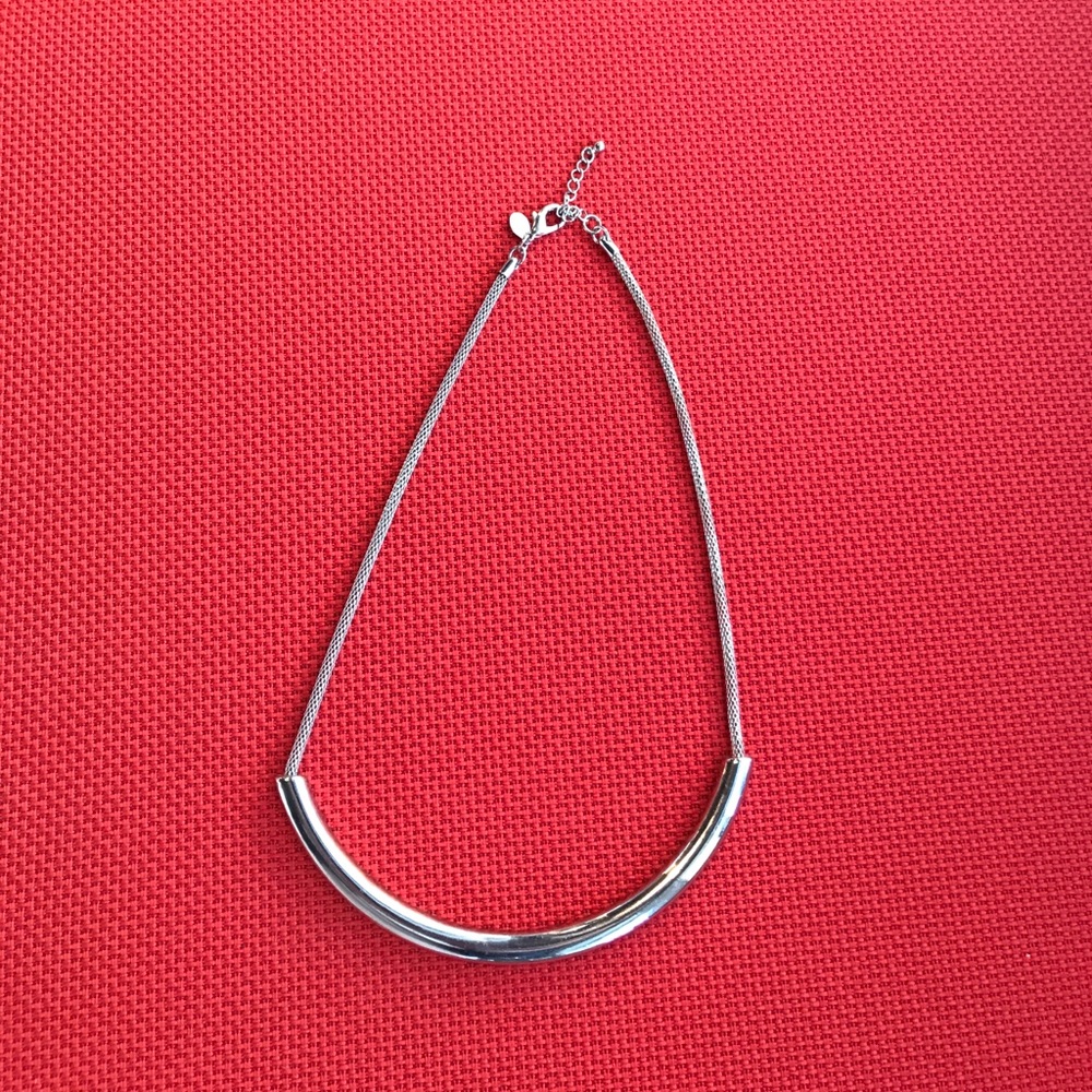 Crescent bar silver tone necklace, adjustable
